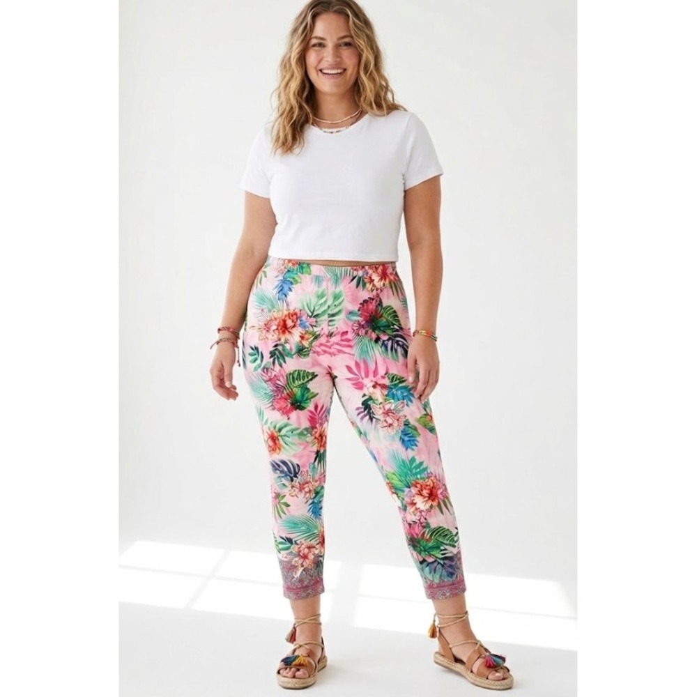 New‎ One World Pants 2X Colorful Tropical Stretch Knit Pull-on Cropped Vacation